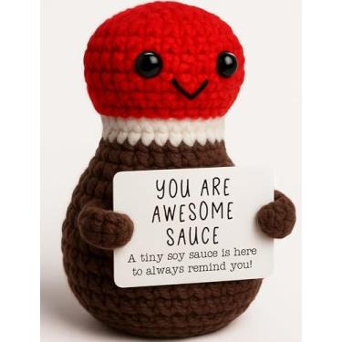 Imagem de Crochet Soy Sauce Plush – Funny Handmade Knitted Gift with Positive Card – Birthday, Christmas, Graduation or Appreciation Gift for Friend, Coworker, Student, Teen, Teacher – Cute Motivational Decor