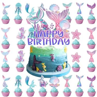 Imagem de Decorações de festa de sereia para cupcake - Decoração de bolo temática de sereia, enfeite de cupcakes de aniversário de princesa do mar para meninos e meninas decoração de festas de aniversário