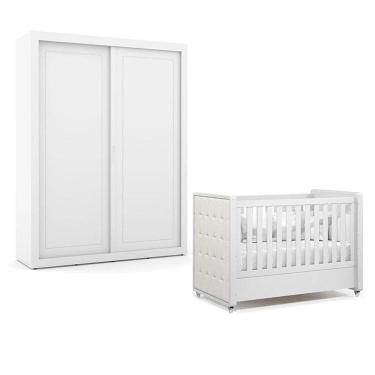 Imagem de Berço Americano Com Capitonê New Boucle E Guarda Roupa Tutto New 2 Portas Branco Acetinado - Matic