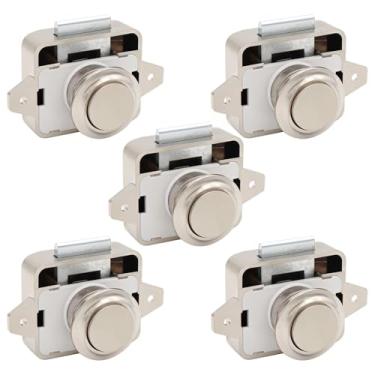 Imagem de Pacote com 5 travas cromadas para armário com botão, travas de pressão para abrir de nível marítimo para compartimentos de armazenamento de trailers e barcos, travas de gaveta sem chave