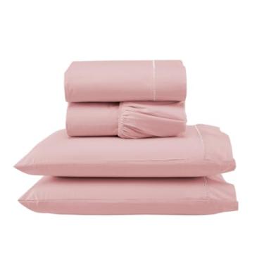 Imagem de Jogo de Lençol com e sem Elástico e 02 Fronhas - 4 Peças para Cama Casal King, Micropercal 300 Fios, 100% Poliéster, Bordado Ponto Palito (Versátil Completo/Rosê, Jogo Lençol Casal King 4 Pçs)