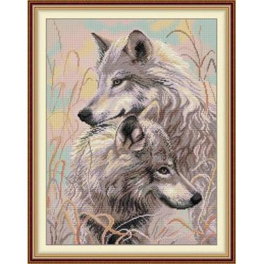Imagem de Threadhaven Kit de ponto cruz contado Tecido Aida 14CT com linhas, agulhas e guia | Kit de bordado de padrão de costura animal para adultos | Kit de artesanato DIY premium - Dois lobos 37 x 48 cm