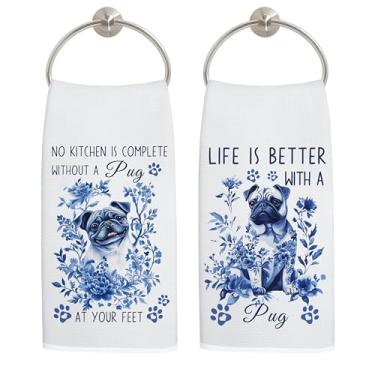 Imagem de LADOCK Chinoiserie Toalhas de cozinha para cães Pug, presentes de pug para mulheres, toalhas de mão decorativas, prato de cachorro floral azul e branco para decoração de cozinha, 40 x 61 cm, conjunto