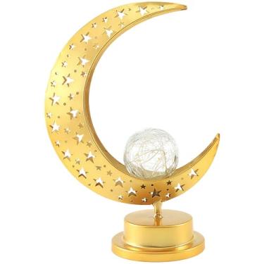 Imagem de Lanterna de Ramadã Luz LED Castelo da Lua Mini de Metal, Alimentado por Bateria, Interior Externo, Acabamento Dourado com Esculturas de Lua, Exibição de Mesa