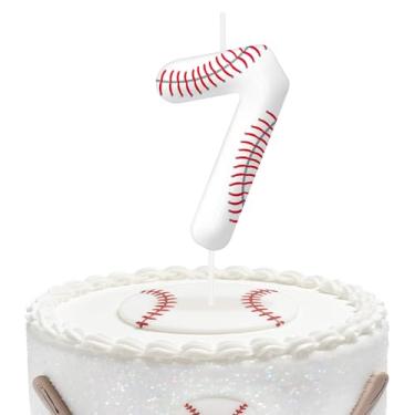 Imagem de Velas de aniversário de beisebol número 7, topo de bolo com tema de beisebol para meninos e meninas, decorações de bolo para aniversários, suprimentos de festa com tema esportivo, velas para