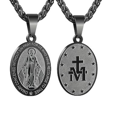 Imagem de TBAKPU Colar de Virgem Maria para Homens Meninos - Pingente de Medalha Milagrosa de Aço Inoxidável - Pingente de Joia Católica Mãe de Deus (preto)