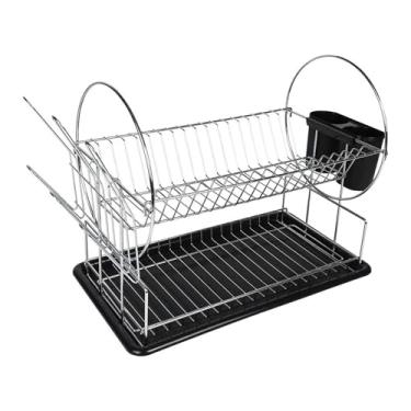 Imagem de Escorredor de Louças 19 pratos 2 Andares em Metal Cromado com Bandeja Coletora – Organizador Multiuso de Pia com Porta-Talheres e Suporte para Copos