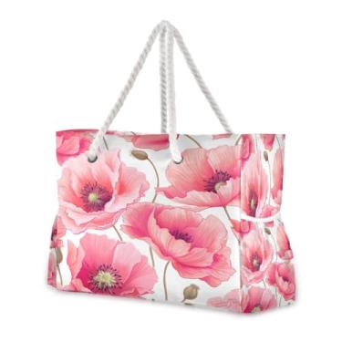 Imagem de Wassud Bolsa de praia rosa floral grande bolsa de praia para mulheres, impermeável, à prova de areia, bolsa de viagem com zíper e bolso para piscina, academia, acampamento