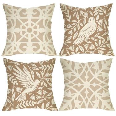 Imagem de Fjfz Conjunto de 4 capas de almofada decorativas Boho Bird 45,7 x 45,7 cm, retrô, marrom, branco, geométrico, flor, varanda, decoração de casa, casa de fazenda, sofá, capa de almofada, presente de