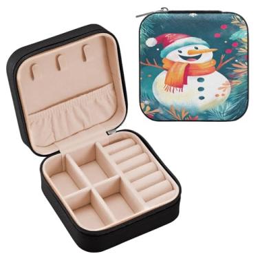 Imagem de Wassud Happy Snowman Estojo de joias de viagem para mulheres, meninas, senhoras, noiva, mini organizador de joias de couro PU, caixa quadrada de armazenamento de joias para brincos, anéis, colar e