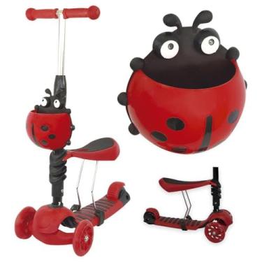 Imagem de Patinete Infantil 3 Rodas Joaninha 2 em 1 com Luz, Vermelho, Banco Móvel, Freio Traseiro, para Crianças a partir de 3 Anos, 74cm