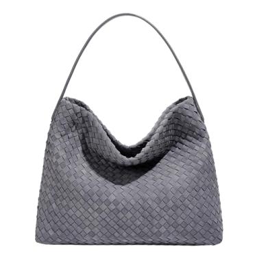 Imagem de Bolsa balde tecida à mão, bolsa de ombro de camurça cinza com alça ajustável, bolsa de grande capacidade, 34 x 29 x 11 cm, design de tecido