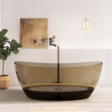 Imagem de Higeine Banheira independente de superfície sólida marrom escuro premium transparente de 165 cm, banheira de imersão exclusiva de resina de pedra com ralo pop-up