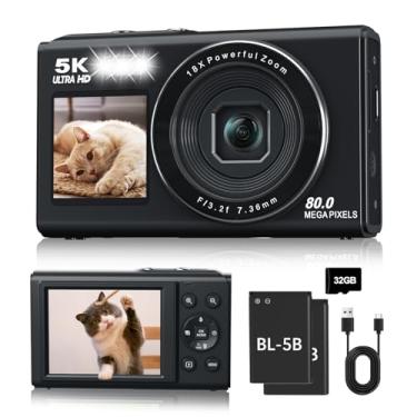 Imagem de Câmera digital 5K, câmera de tela dupla com zoom digital de 18x, câmera vlogging compacta para adolescentes, pacote de presente para iniciantes, cartão de 32 GB e 2 baterias, preta