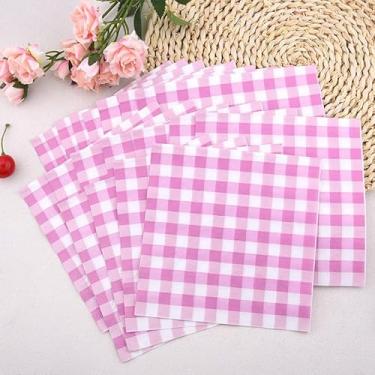 Imagem de Guardanapos descartáveis de papel guingão rosa guardanapo de bebida para piquenique casamento festa de aniversário decorações quadradas rosa e branco guardanapos de almoço quadriculado papel para
