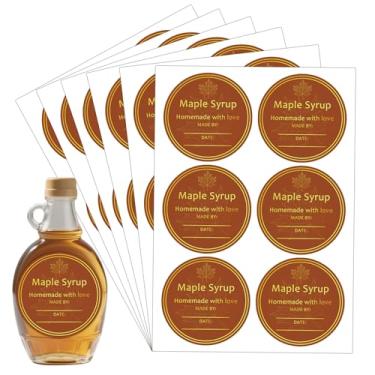 Imagem de 120 peças de adesivos de xarope de bordo caseiros dourados 5 cm folha de bordo canadense adesivos de embalagem de alimentos redondos personalizados rótulos de garrafa de xarope outono decoração de
