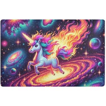 Imagem de TSENQUE Capacho personalizado fofo unicórnio fogo espaço galáxia tapete engraçado exterior tapete antiderrapante para casa lavável tapete de boas-vindas outono 81.3 cm x 50.8 cm