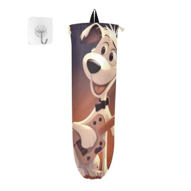 Imagem de Suporte de saco plástico de cachorro tocando guitarra, bolsa organizadora de parede, suporte de sacola de compras para sacolas plásticas
