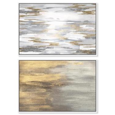 Imagem de Conjunto de 2 arte de parede de sala de estar com impressão em tela abstratos de luxo neutro por Art Remedy, moldura branca, 38 x 25 cm