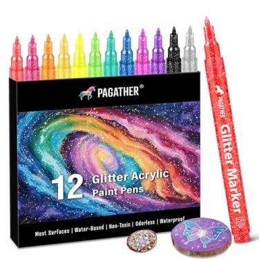 Imagem de Marcadores de glitter de 12 cores, canetas de tinta acrílica cintilante de ponta extra fina de 0,7 mm para artesanato, colorir para adultos e projetos DIY em papel, pedra, madeira, vidro e tecido