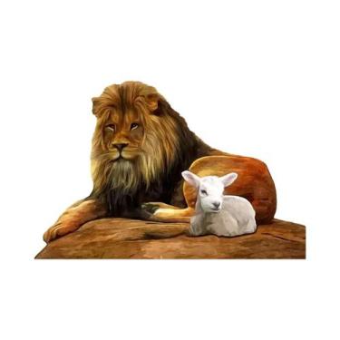 Imagem de Pintura Em Tela Vintage De Jesus Cristo Com Leão E Cordeiro Para Decor