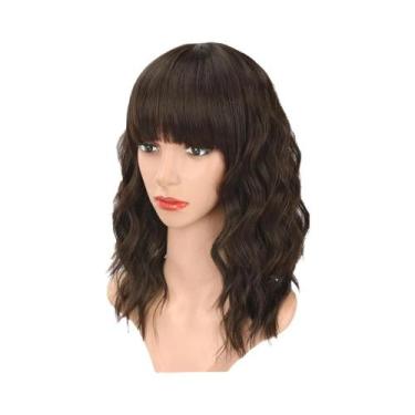 Imagem de Peruca Bob Ondulada Marrom Natural Com Cachos Sintéticos E Franja, Est