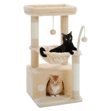Imagem de PEQULTI Árvore para gatos 4 em 1, torre para gatos de 83 cm para ambientes internos com condomínio grande para gatos, poste arranhador para gatos com rede profunda e poleiro aconchegante, bege