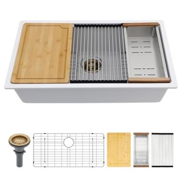 Imagem de Couoko Pia de cozinha subterrânea de 76 cm de quartzo branco composto de granito tigela única pia de cozinha borda de estação de trabalho sob o balcão grandes pias clássicas profundas 76 cm x 48 cm x