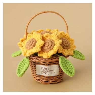 Imagem de Decoração de casa adorável cesta de girassol tricotada à mão flores românticas de crochê para casamento decoração de mesa de escritório em casa flor tecida (A2)