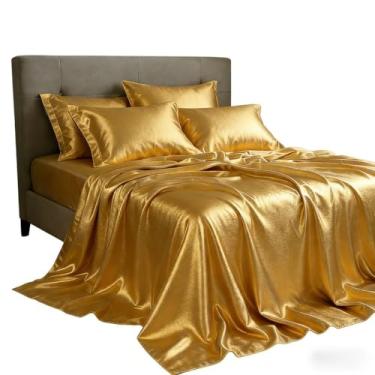 Imagem de Jogo de Cama Cetim Charmousse Sedoso - 4 Peças para Casal, Queen e King Size, Anti-Frizz para Descanso Confortável (Dourado Ouro,KING)