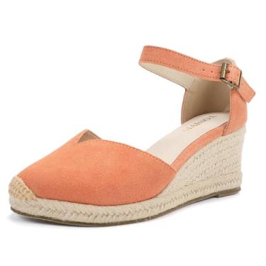 Imagem de TONIVIS Sandálias femininas plataformas, cunha de 7,6 cm, tira no tornozelo, bico cavado, salto alpargatas de verão, Couro genuíno rosa coral - salto de 6,9 cm, 36