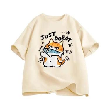 Imagem de Camiseta Feminina Divertida Com Estampa De Gato Comendo Peixe, Verão, 