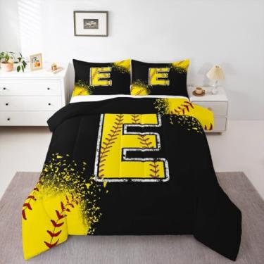 Imagem de jejeloiu Conjunto de edredom de softball, king, beisebol, para crianças, meninos, meninas, alfabeto, letra amarela, letra E, edredom de microfibra, 3 peças com 2 fronhas