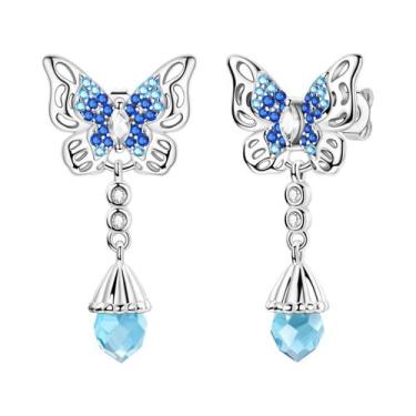 Imagem de Brincos De Argola Borboleta De Zircônio Azul Em Prata Esterlina 925 Jo