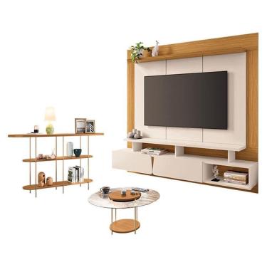 Imagem de Home Suspenso Zenith Off White Cinamomo e Mesa de Centro Sky com Tampo de vidro e Aparador Infinity Cinamomo - HB Móveis