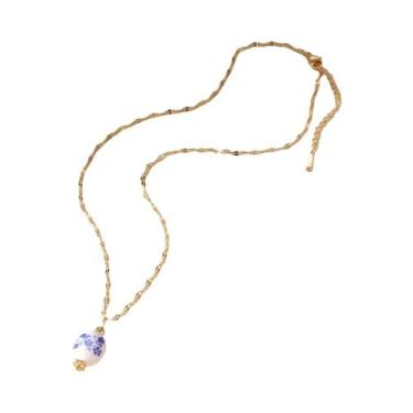 Imagem de Colar Feminino Vintage Com Pingente De Coração De Cerâmica Azul E Corr