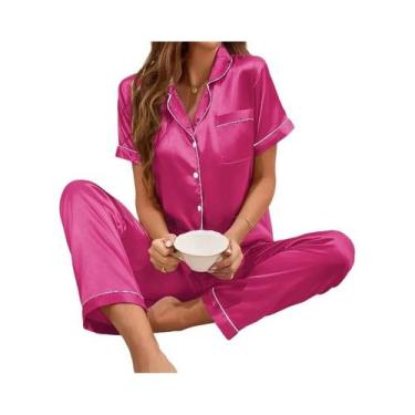Imagem de Conjuntos De Pijamas De Seda Para Mulheres Com Camisa De Manga Curta E