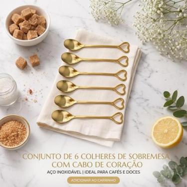 Imagem de Kit com 6 Colheres de Café Douradas  Cabo Coração - Generica