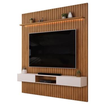 Imagem de Painel Trento Para TV com Bancada 250 Ripado Freijó Off White com Led-Dj móveis