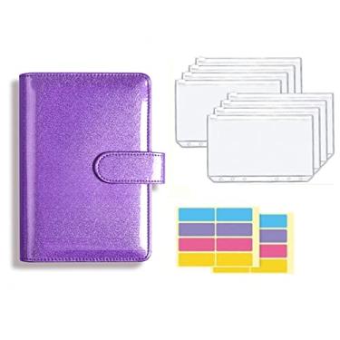 Imagem de A5 A6 Pasta de couro PU sistema de carteira de envelope de dinheiro com bolso de pasta de envelope de orçamento para orçamento, purpura glitter, A6