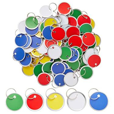 Imagem de Etiquetas de papel – Pacote com 100 etiquetas de papel com chaveiro, chaveiro, etiqueta de aro, chaveiro pequeno codificado para mochila infantil, bagagem, animais de estimação, cores sortidas, 3 cm de diâmetro