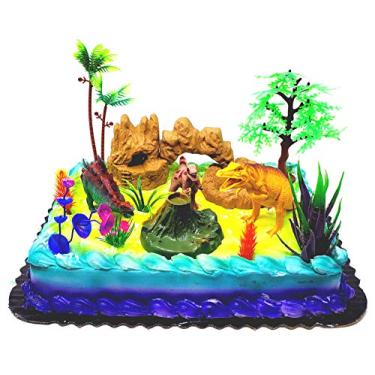 Imagem de Conjunto de 12 peças de enfeite de bolo de aniversário com 3 bonecos de dinossauro, acessórios decorativos temáticos, dinossauros em média 5 a 6 cm de altura