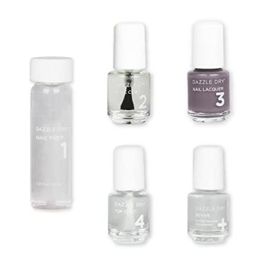 Imagem de Dazzle Dry Mini Kit 4 Step System - Antecipação, um cinza ardósia escuro opaco com tons roxos. Creme de cobertura total. (Kit de 5 peças / 5 manicures)