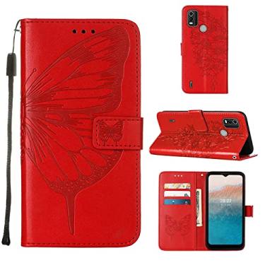 Imagem de Capas de telefone borboleta em relevo Nokia C21 C21 Plus capa de couro com slots de cartão impressos clipe de carteira para telefone de negócios Nokia C21 C21 Plus capas (vermelho, Nokia C21 Plus)