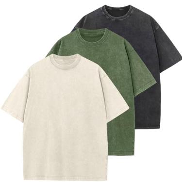 Imagem de Camisetas masculinas de algodão grandes folgadas vintage lavadas unissex manga curta camisetas casuais, Preto + verde militar + bege, M