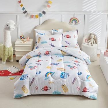 Imagem de Jogo de cama infantil queen size com foguete branco e planeta - jogo de cama macio com desenho de 7 peças (1 edredom, 2 fronhas, 1 lençol de cima, 1 lençol com elástico, 2 fronhas)