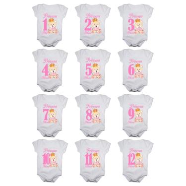 Imagem de Kit body de bebê mesversario manga curta ursinha princesa 12 bodies 1 a 12 meses