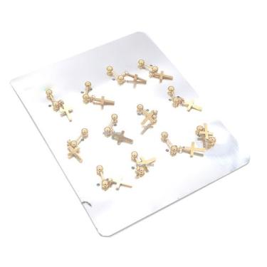 Imagem de cartela 12 brincos mini brinco de cruz em aço inox dourado folheado ma