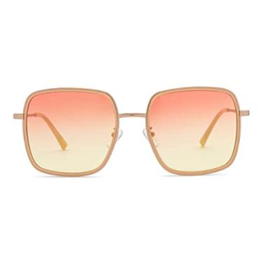 Imagem de Rae Dunn - Óculos de sol premium NINA com brilho brilhante. Arte de assinatura, Armação de ouro rosa fosco/caramelo leitoso com lente gradiente amarelo pêssego, OSFA