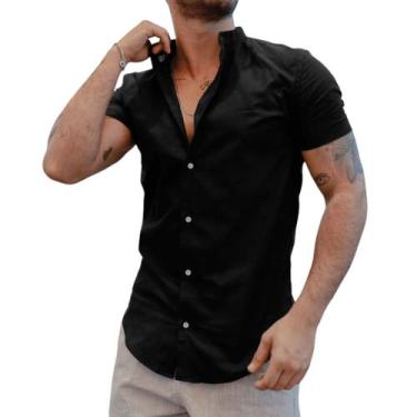 Imagem de Camisa Social Gola Padre Manga Curta Slim Fit Praia - Mitchelgutto, Pr